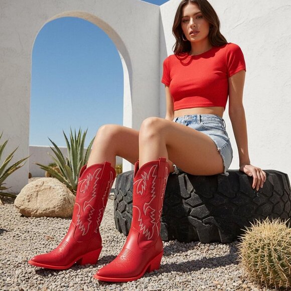 Women's Red Embroidery Western Cowgirl Boots Classic Pull On Pointy Toe Mid Calf - Picture 3 of 7